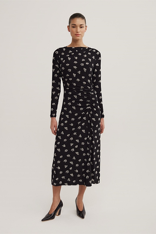 Long Sleeve Ruched Mesh Dress