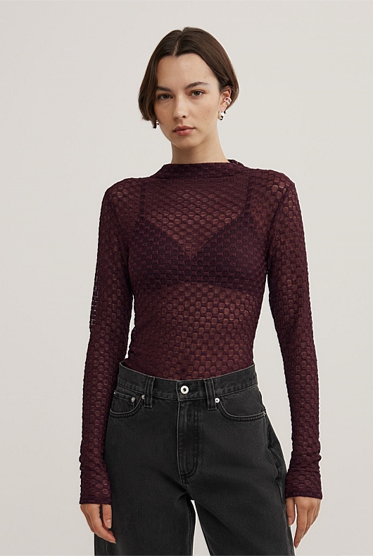 Textured Mesh Long Sleeve Top