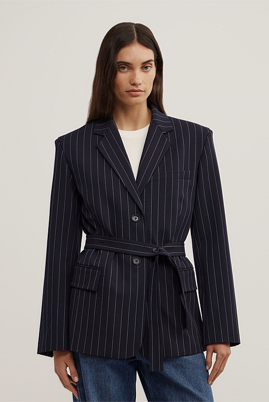 Belted Pinstripe Blazer