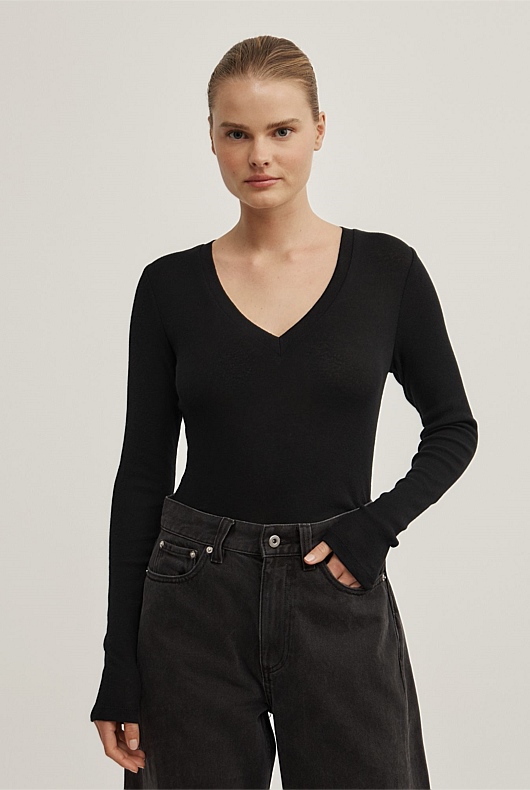 Fine V-Neck Long-Sleeve Top
