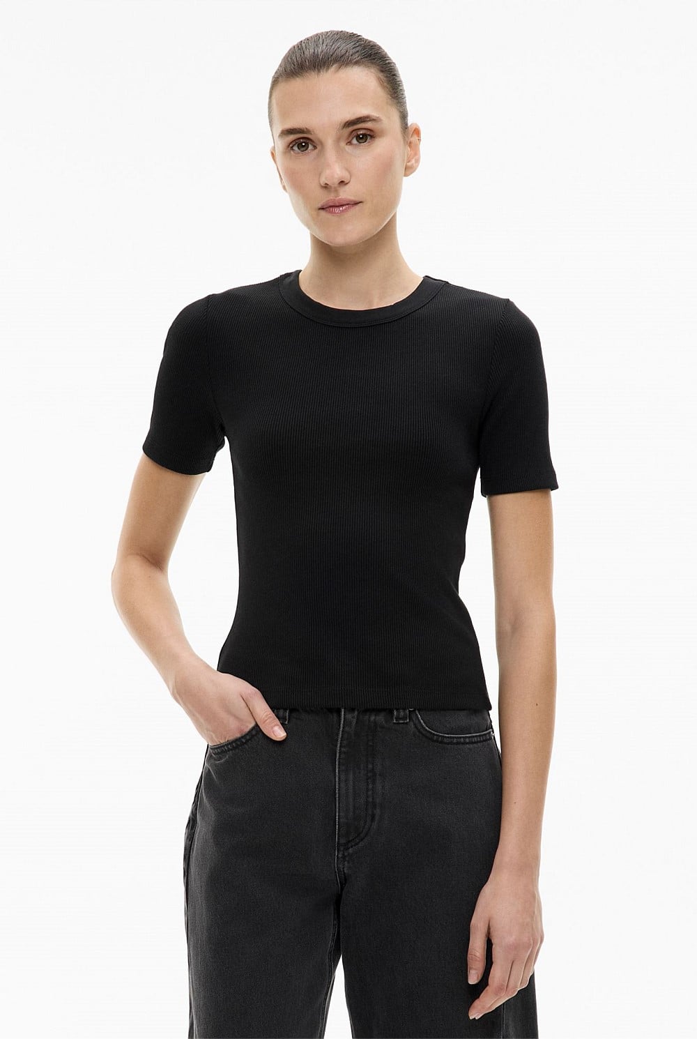 Black Crew Rib T-Shirt - Women's Short Sleeve Tops | Witchery
