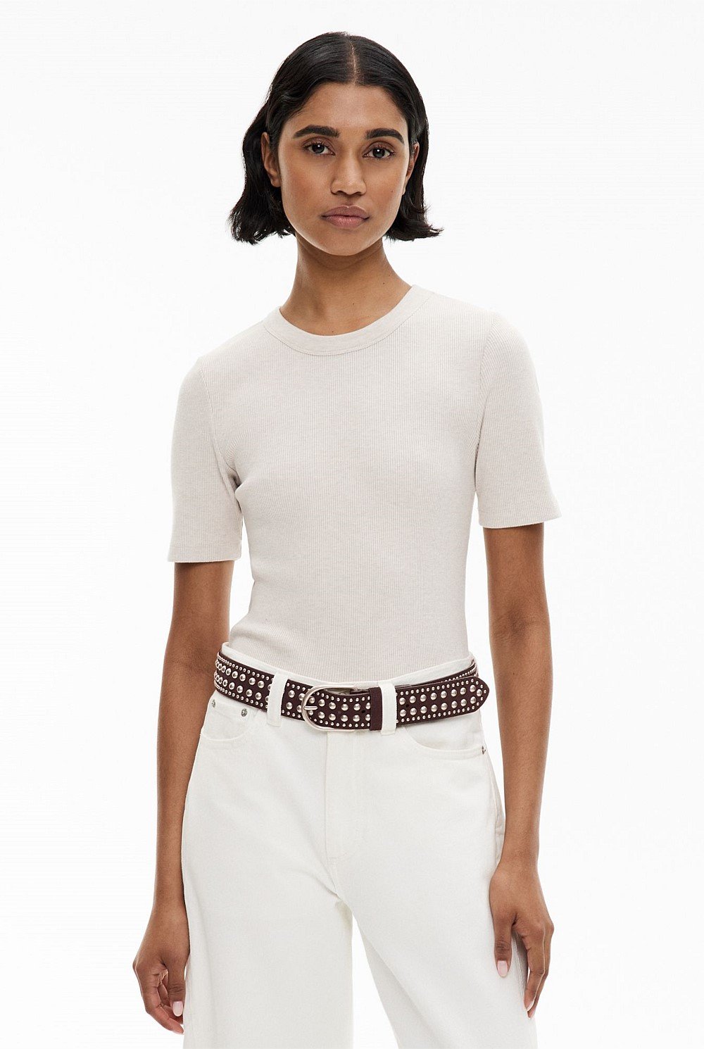 Stone Melange Crew Rib T-Shirt Women's Short Sleeve Tops Witchery