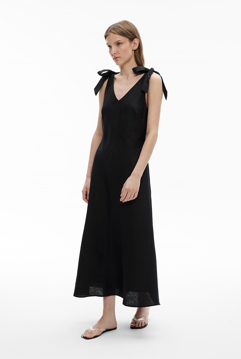 Black V-Neck Linen Midi Dress - Women's A Line Dresses | Witchery