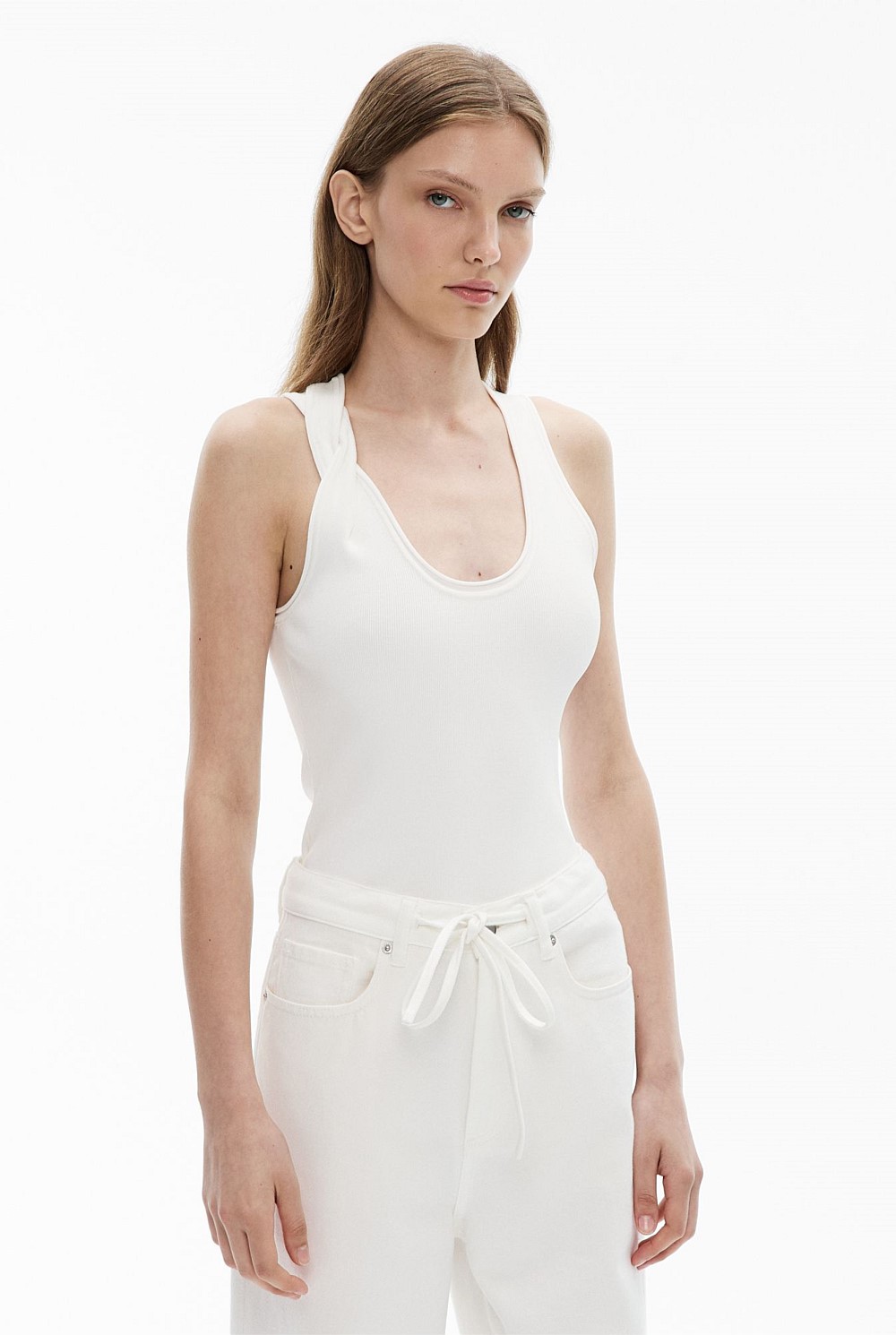 Fresh White Twist Shoulder Knit Tank Top - Women's Sleeveless Tops